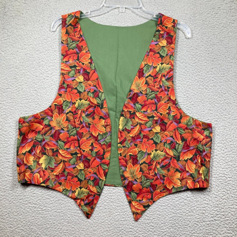 Handmade Reversible Vest Womens L Green Orange Autumn Leaf Print Open Front